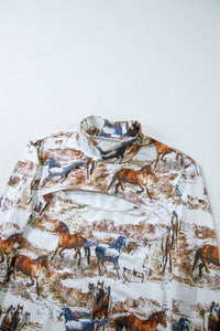 Brown Western Wild Horses Print Hollow-out High Neck Top