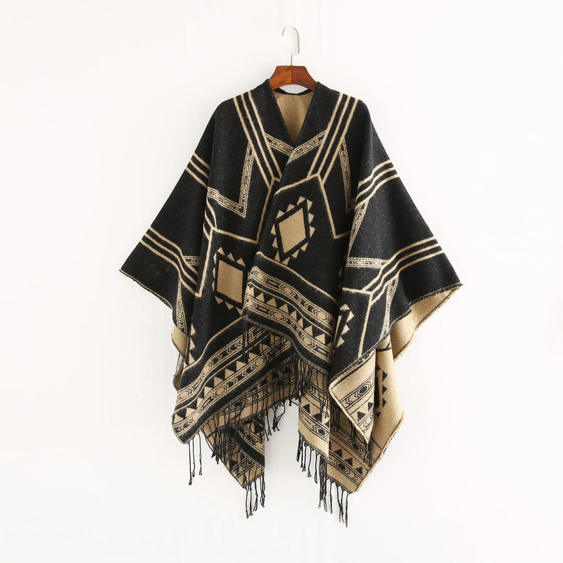 Cloak Poncho Capes 2024 New Indian Nepalese Style Geometric Tassel Split Women Shawl Warm Air Conditioning Room Lady Blue