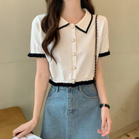 Sweet Women Shirt Korean Knitted Turn Down Collar Chic Short Sleeve Female Blouse Summer Retro Slim All Match Ladies Crop Tops