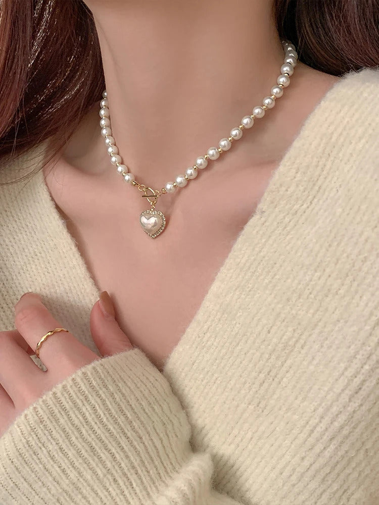 Elegant Pearl Necklace For Women Heart Pendant Necklaces Luxury Imitation Pearls Chain Necklaces Korean Jewelry Girls Gifts