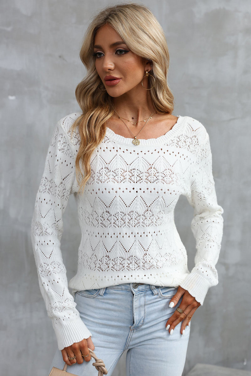 White Surplice V Openwork Textured Sweater