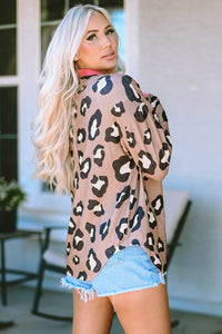 Leopard Ribbed Contrasting Trim Collared Jacket