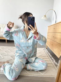 100% Cotton Pajamas for Women Loose Cartoon Long Sleeve Pants Loungewear Women 2 Piece Set Pj Women Outfit Sleepwear Set Pijamas