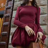 Trendix Burgundy Elegant Dress Women's Autumn Casual Long Sleeve Patchwork Ruffle Mini Dresses Sexy Backless Bodycon Party Dress