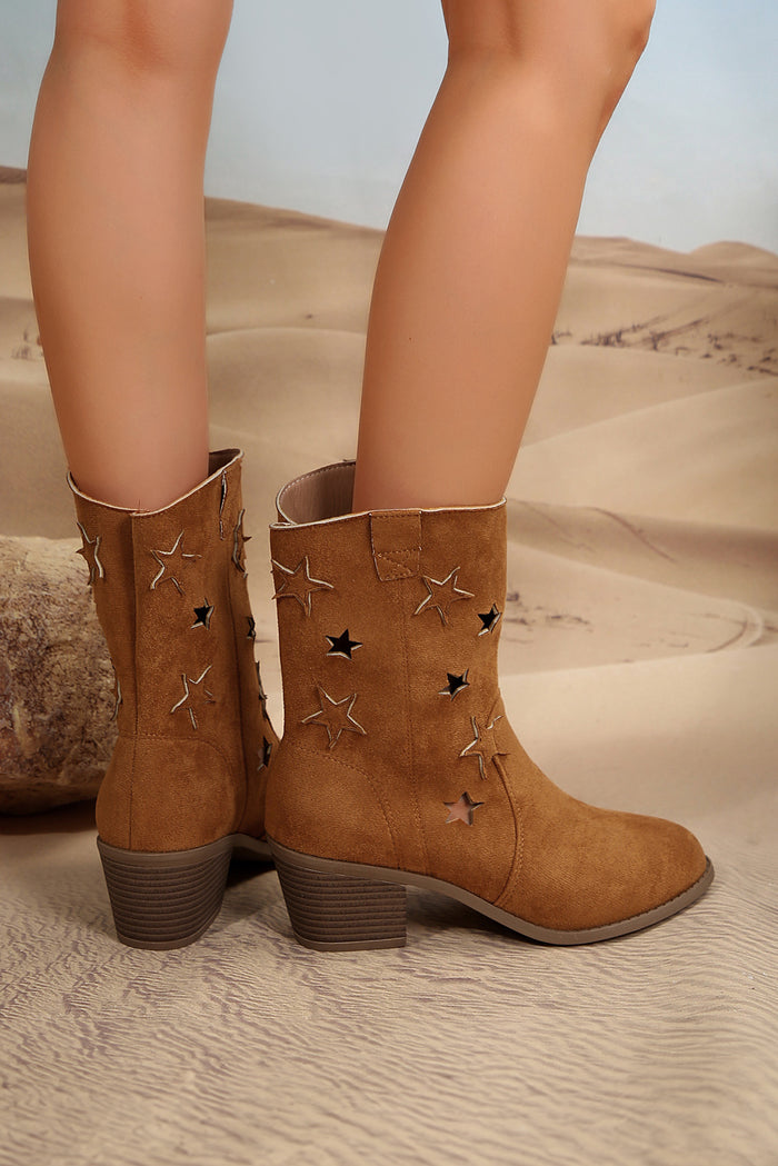 Chestnut Western Star Decor Suede Chunky Heel Boots