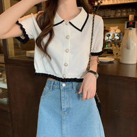 Sweet Women Shirt Korean Knitted Turn Down Collar Chic Short Sleeve Female Blouse Summer Retro Slim All Match Ladies Crop Tops