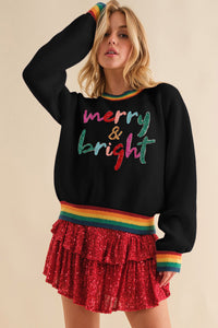 Black Glitter Merry & Bright Colorful Stripes Trim Sweater