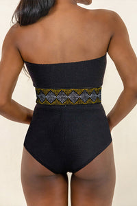 Black Geometric Trim High Waist Strapless One Piece Swimsuit