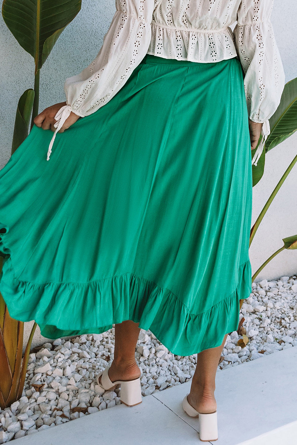 Green Asymmetric Flounce Belted High Waist Maxi Skirts