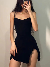 Women Sexy Side Slit Ruffled Mini Dress Sleeveless Spaghetti Strap Dress for Parties and Clubs Solid Pull Cord Separate Dress