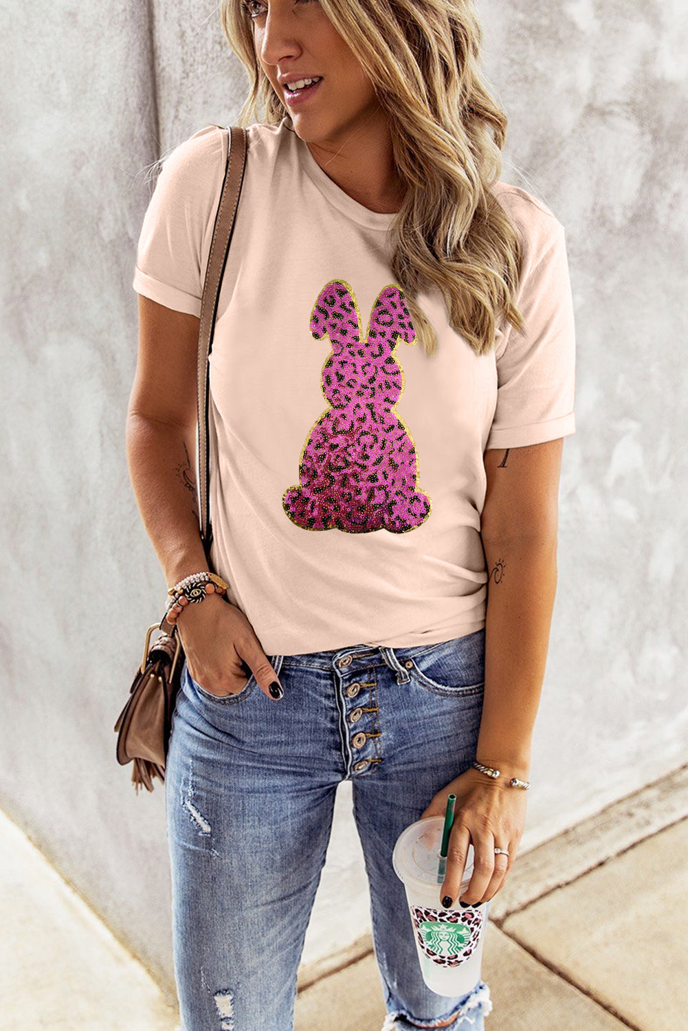 Pink Sequined Leopard Bunny Easter Graphic Tee