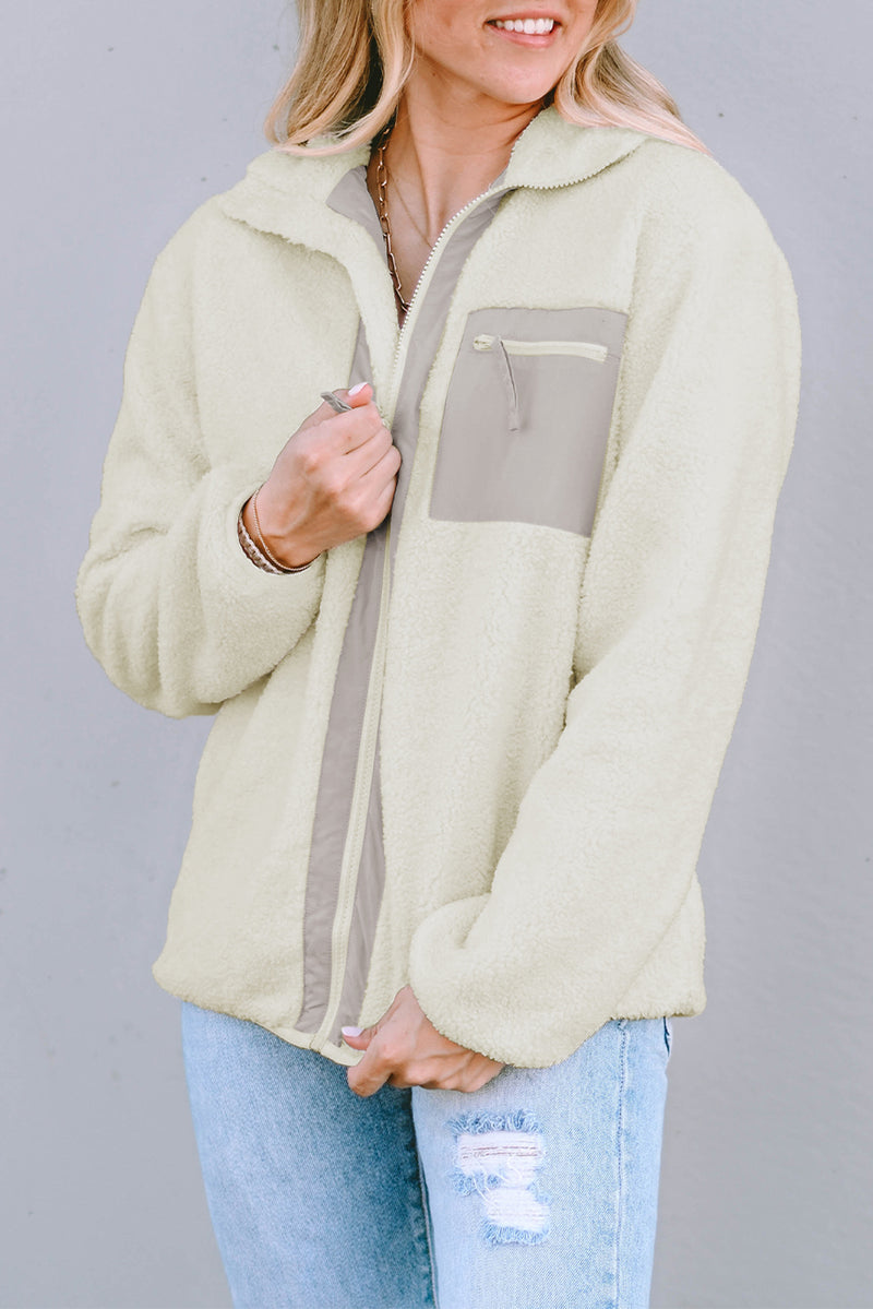 White Chest Pocket Full Zipper Fuzzy Fleece Jacket