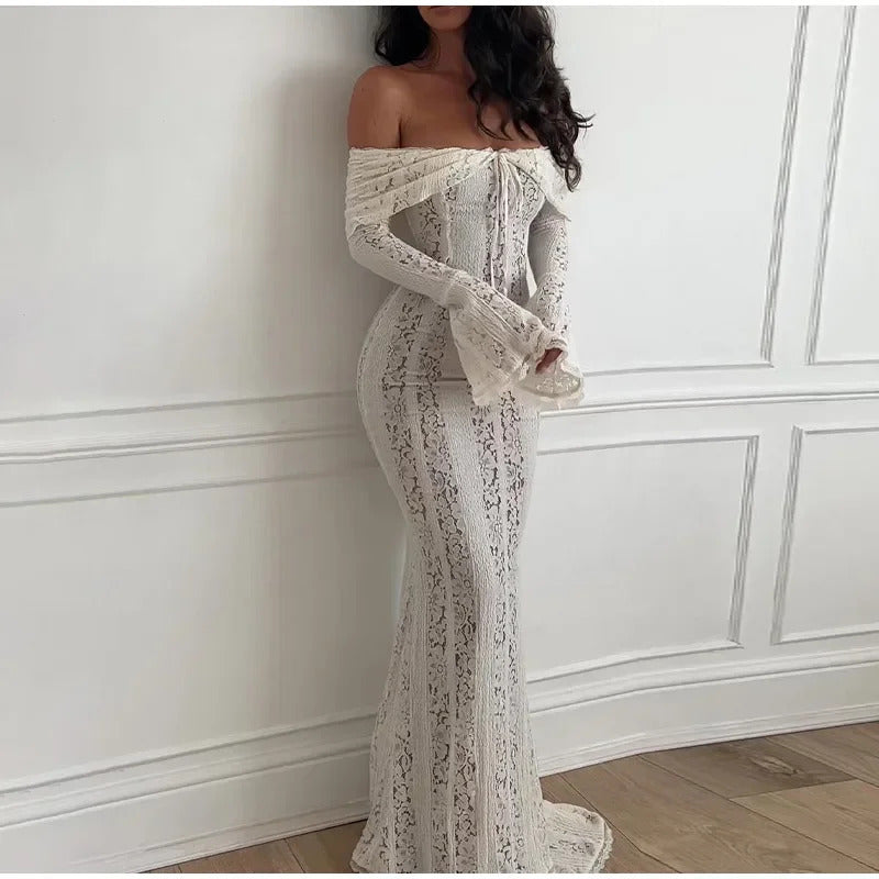 Elegant Off Shoulder Lace Maxi Dress Women Fashion Hollow Out Long Flare Sleeve Slim Dresses 2024 New Female Evening Party Gowns