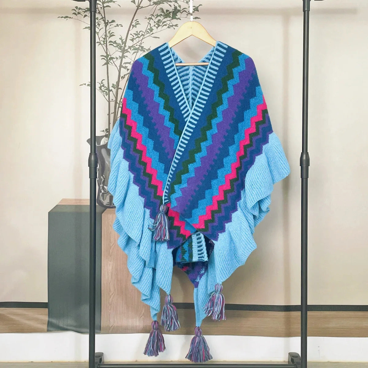 Women Ethnic Style Poncho Capes Ladies Fashion Stripe Colorful Knit Oversized Poncho Wrap Fringed Shawl Bohemian