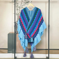 Women Ethnic Style Poncho Capes Ladies Fashion Stripe Colorful Knit Oversized Poncho Wrap Fringed Shawl Bohemian