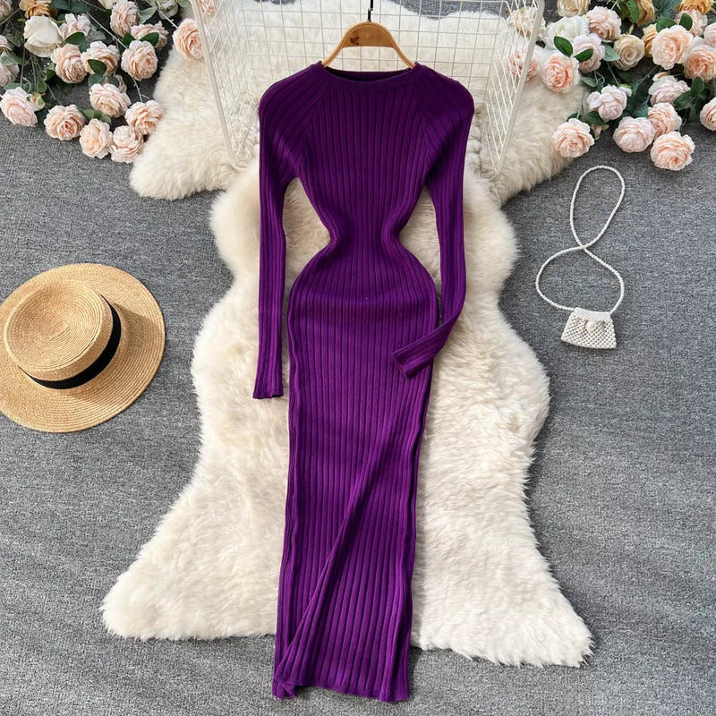 SINGREINY Winter Women Knit Maxi Dress O Neck Autumn Long Sleeve Slim Solid Harajuku Ladies Fashion Pencil Sweater Long Dresses