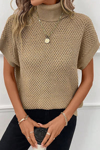 Pale Khaki Turtleneck Textured Short Sleeve Sweater