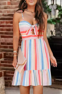 Women's Striped Print Knotted Cutout Sleeveless Dress