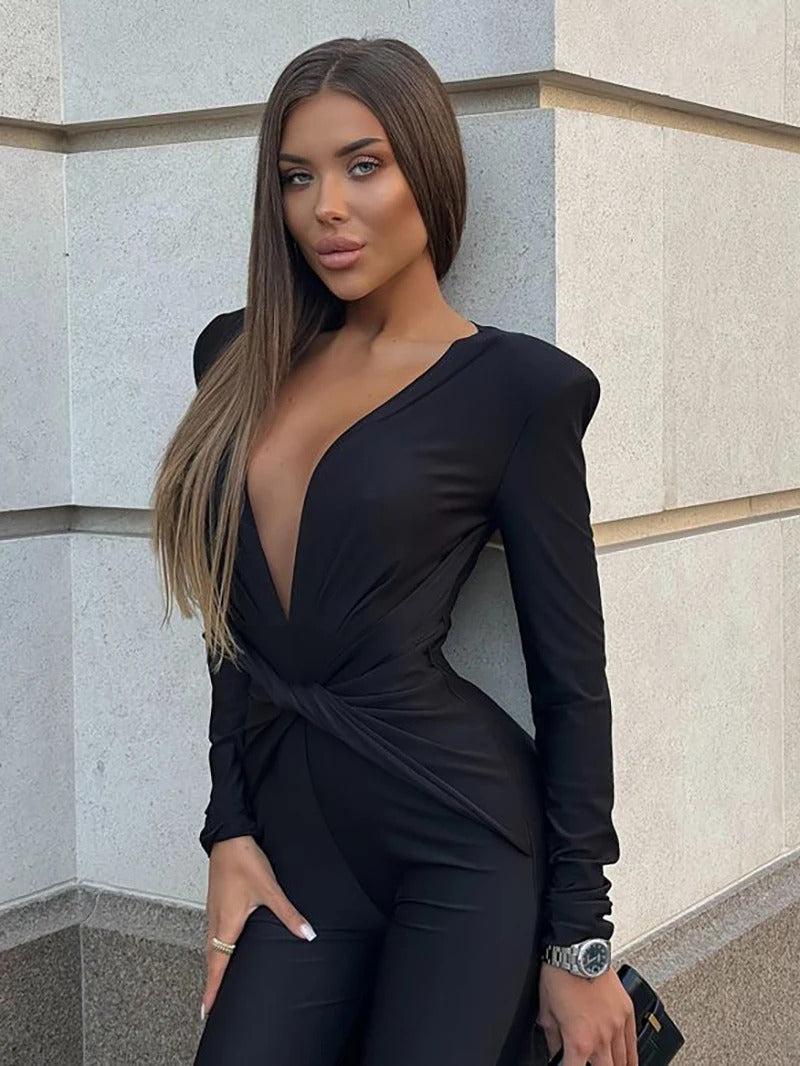 Mozision Deep V Neck Long Sleeve Skinny Jumpsuits Women Rompers Elegant Black High Waist Ruched Slim Sexy Jumpsuit Outfits