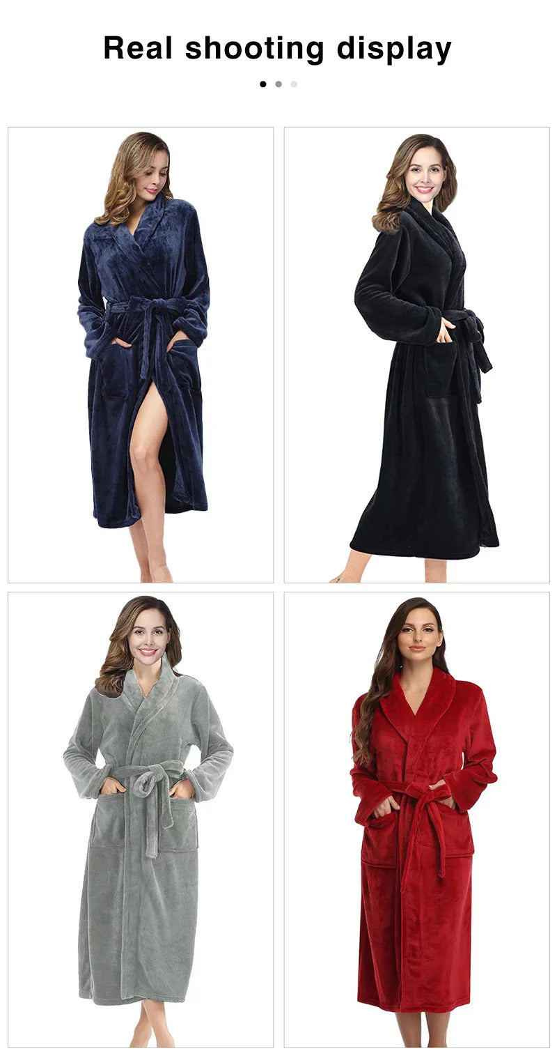 RONGTAI Women's solid color lapel bathrobe autumn and winter models facecloth warm and comfortable long-sleeved robe homewear