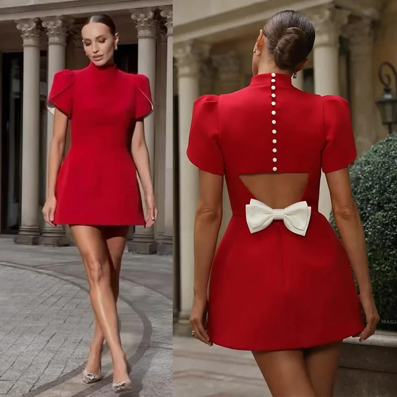 Elegant Bow Hallow Out Mini Dress Women Red O-neck Short Sleeve High Waist A-line Dresses Female 2024 Fashion Party Evening Robe