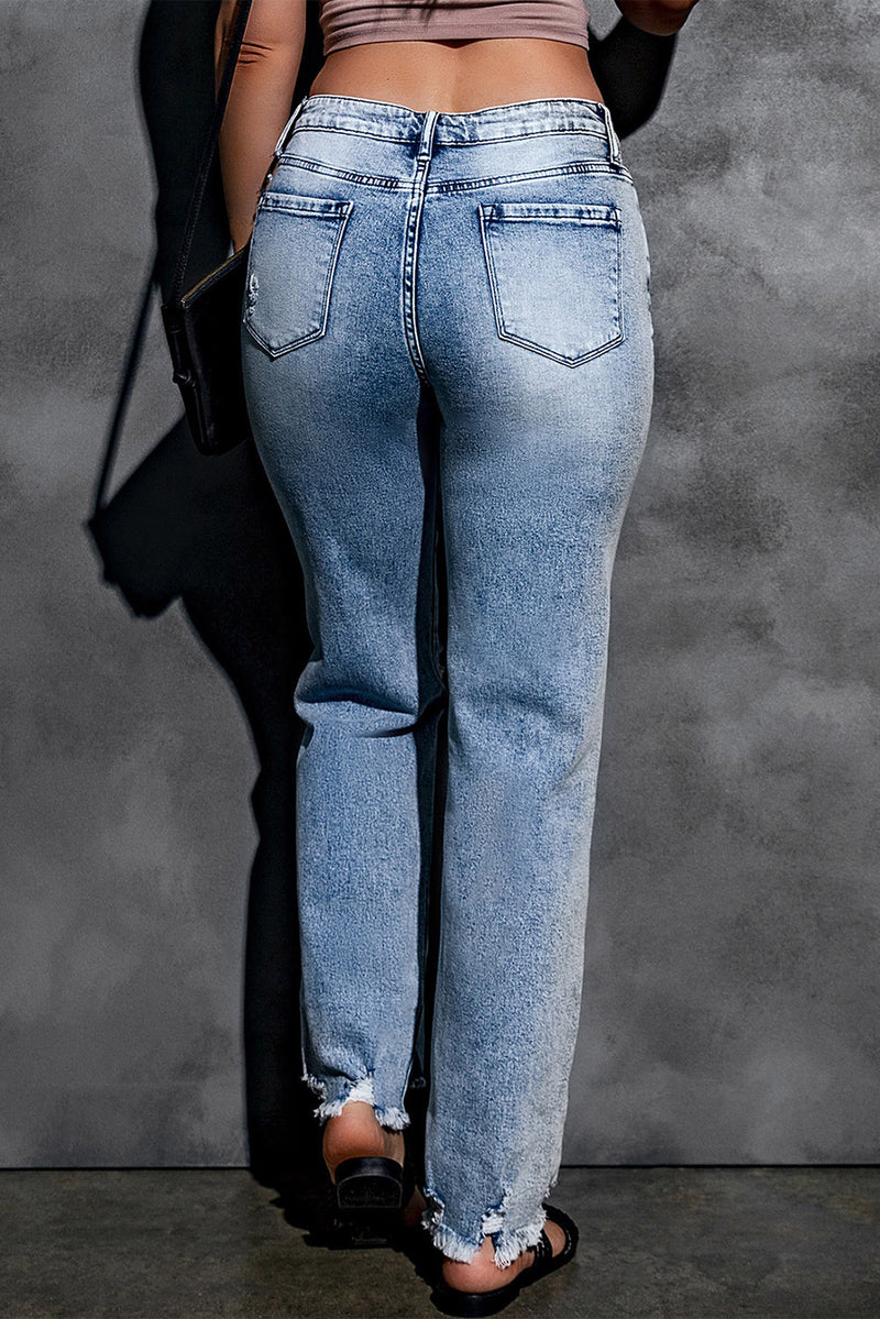 Sky Blue Washed Ripped Wide Leg High Waist Jeans