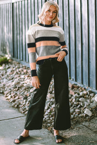 Gray Striped Color Block Casual Sweater