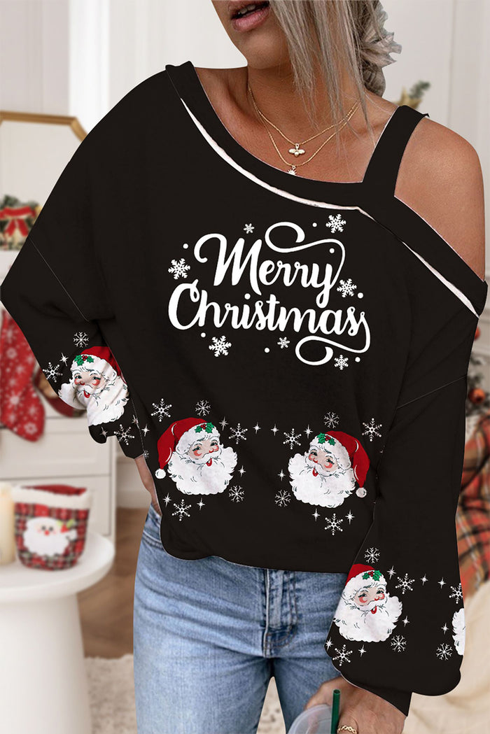 Black Merry Christmas Santa Claus Print One Shoulder Blouse