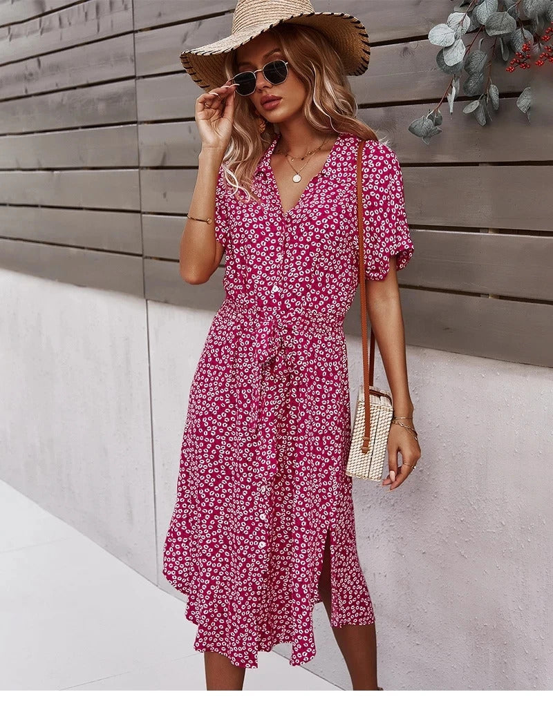 Summer Women Floral Print Dress Casual Short Sleeve Button Holiday Midi Dresses Female V-Neck Beach Boho Chic Dress Elegant Robe