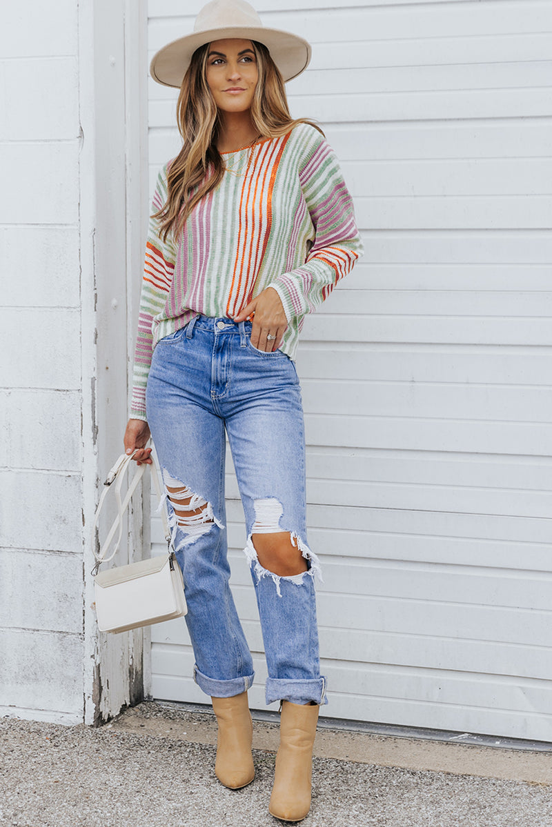 Crewneck Multicolor Stripe Knit Pullover Sweater