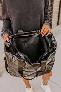 Black Solid Zipper Puffer Large Tote Bag