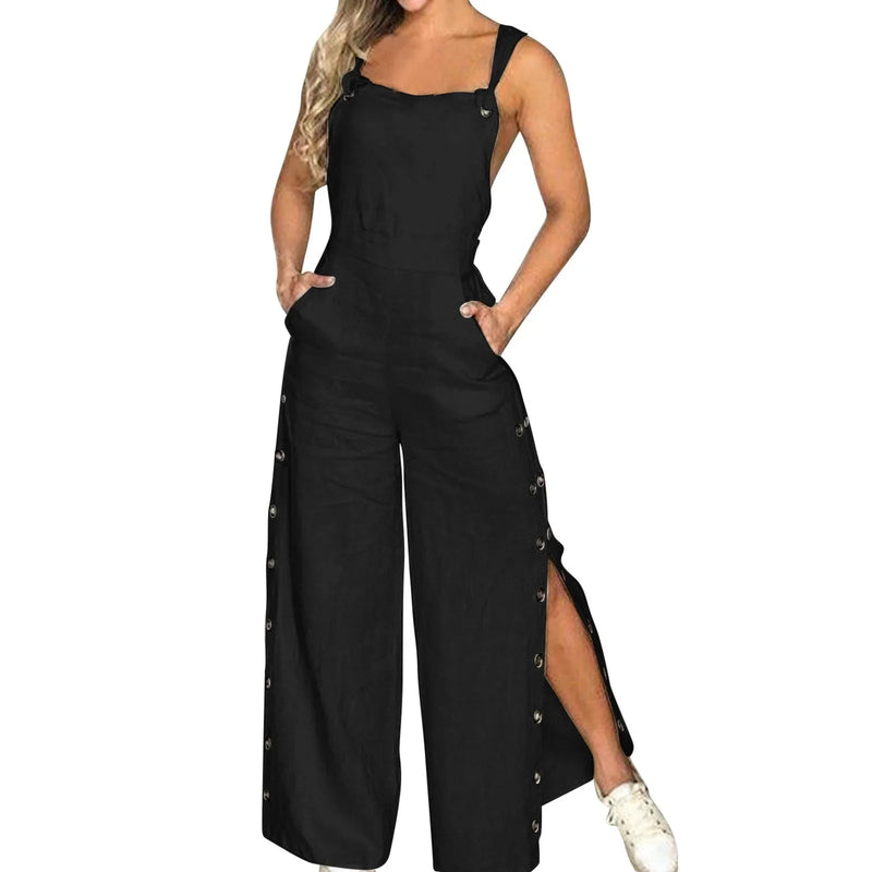 Summer Fashion Womens Sleeveless Jumpsuit Rompers Ladies Solid Wide Leg Button Openings Long Trousers Suspenders Overalls Pocket