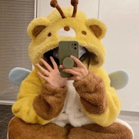 Women Cute Robe Plush Thick Sleepwear Thickened Warm Flannel Cartoon Sleeping Bag Animal One-Piece Pajamas Men Women Homewear