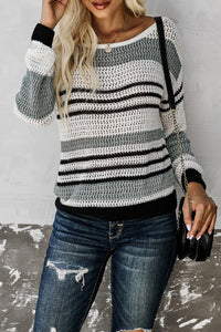 Gray Loose Fit Striped Pattern Sweater