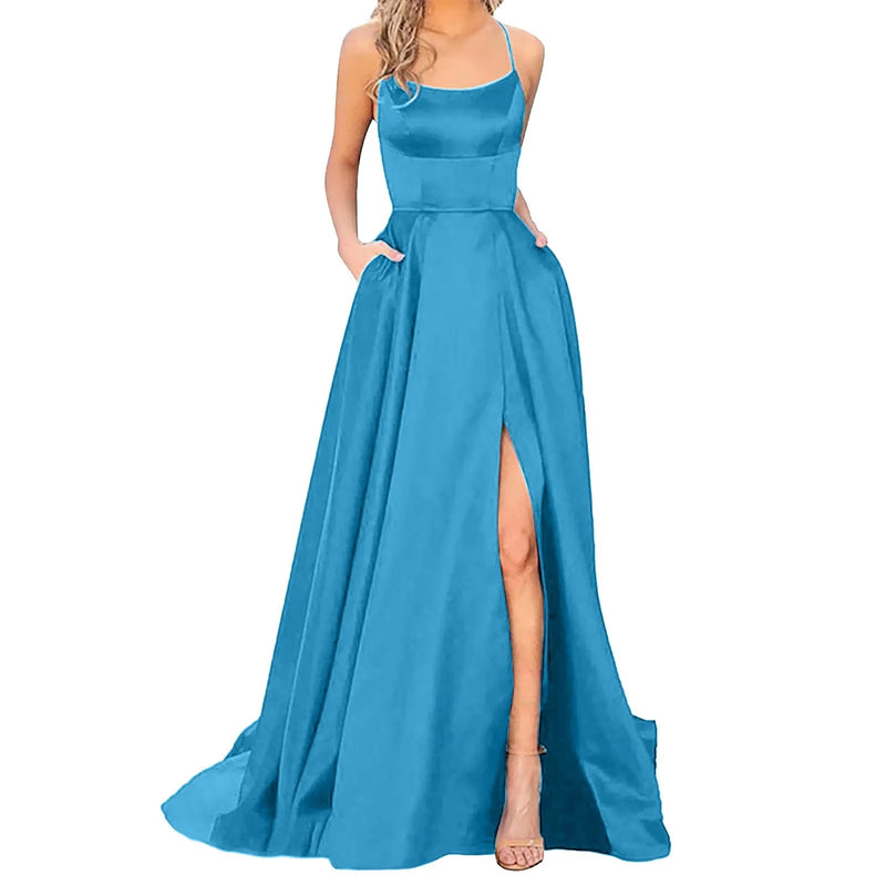 Solid Fit And Flare Women Prom Dresses Ladies Long Lady Elegant Backless Long Dresses Side Slit Wedding Evening Party Dress