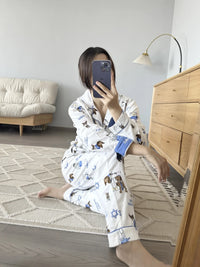 100% Cotton Pajamas for Women Loose Cartoon Long Sleeve Pants Loungewear Women 2 Piece Set Pj Women Outfit Sleepwear Set Pijamas