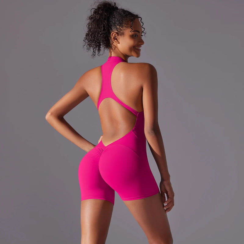 Sexy Hollow Backless Scrunch Butt Sport Jumpsuit Short Woman One Piece Gym Outfit Sleeveless Zipper Fitness Overalls Yoga Romper