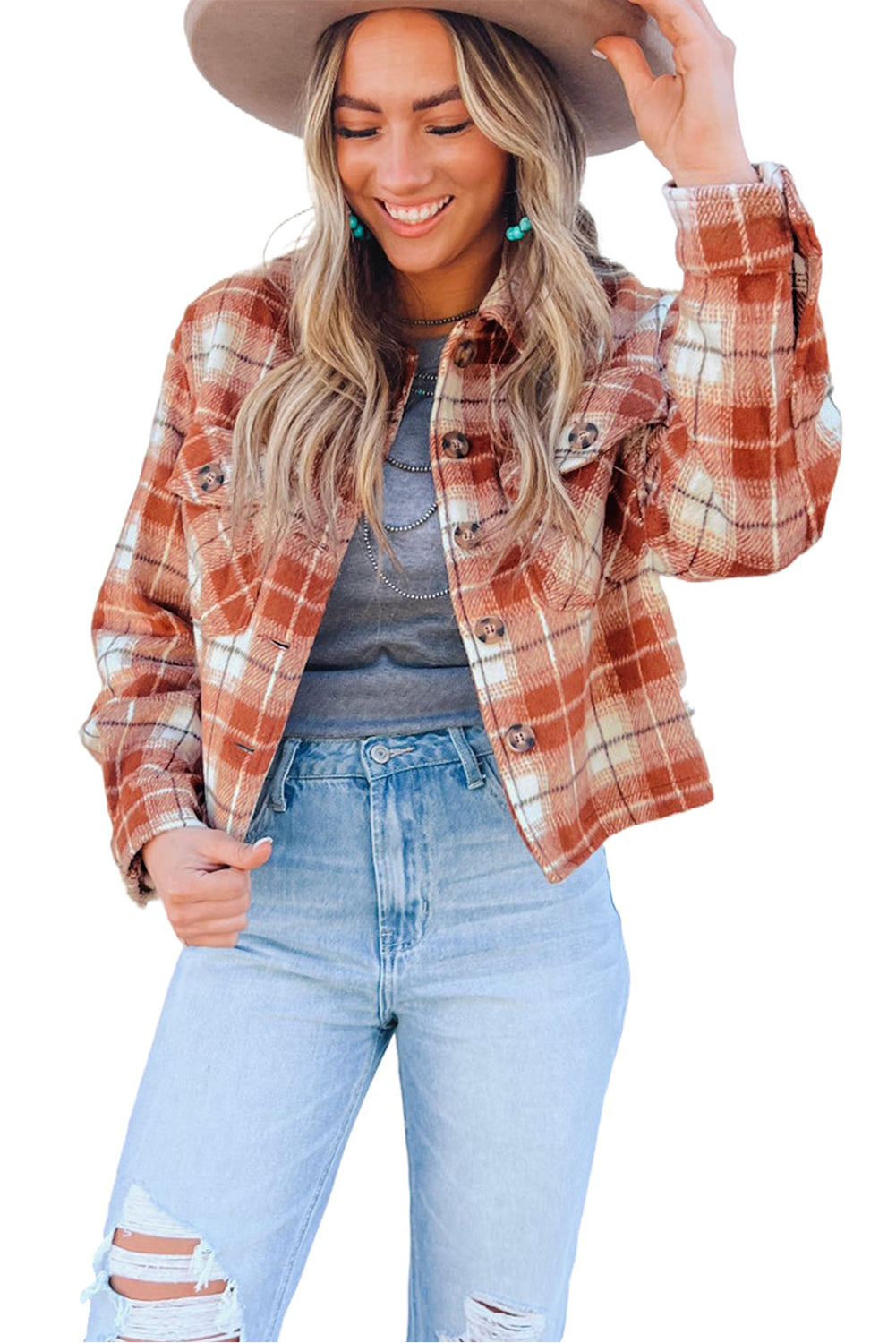 Orange Plaid Button-Up Flap Pocket Jacket