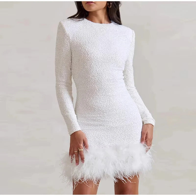 Elegant Sequins Feather Patchwork Dress Christmas Slim O-neck Long Sleeve Short Party Dresses 2024 Lady Shiny High Waist Robes