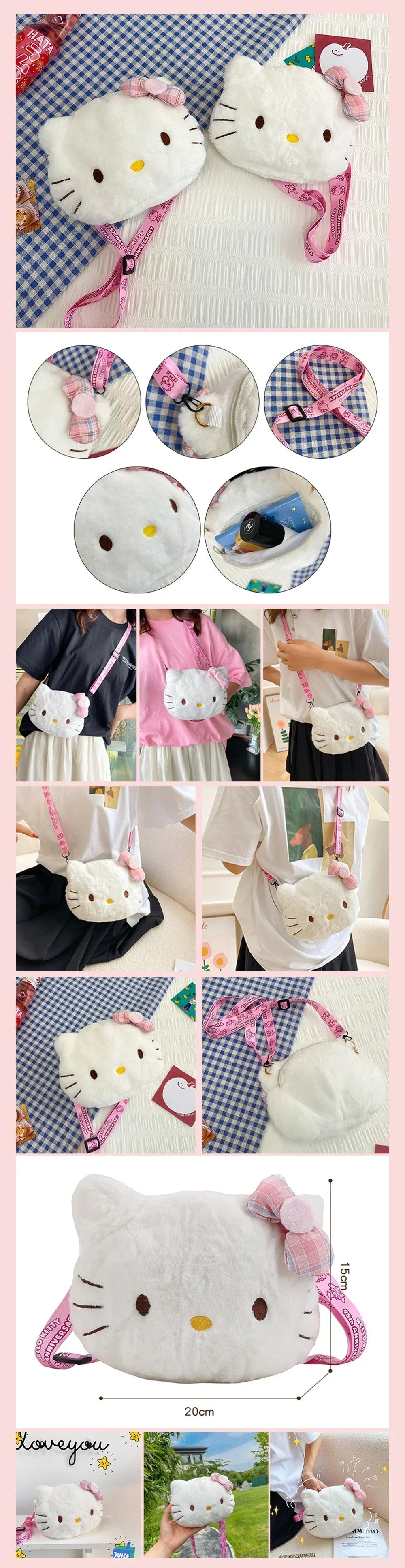 Women Girl Sanrio Hello Kitty Mini Shoulder Bag Kawaii Cartoon Messenger Plush Earphone Bag Girl Kids Cute Luxury Designer 2024