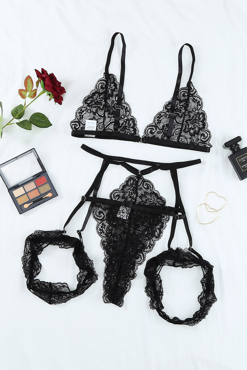 Black Hollow-out Lace Bralette Set with Garter Belt