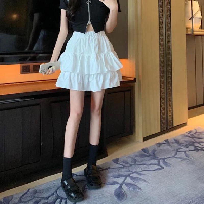 Pleated A-Line Skirt Women White Ruffle Sweet Tierred Pretty Style Skirt Elastic Waist Summer Slim Basic Korean Harajuku Dress