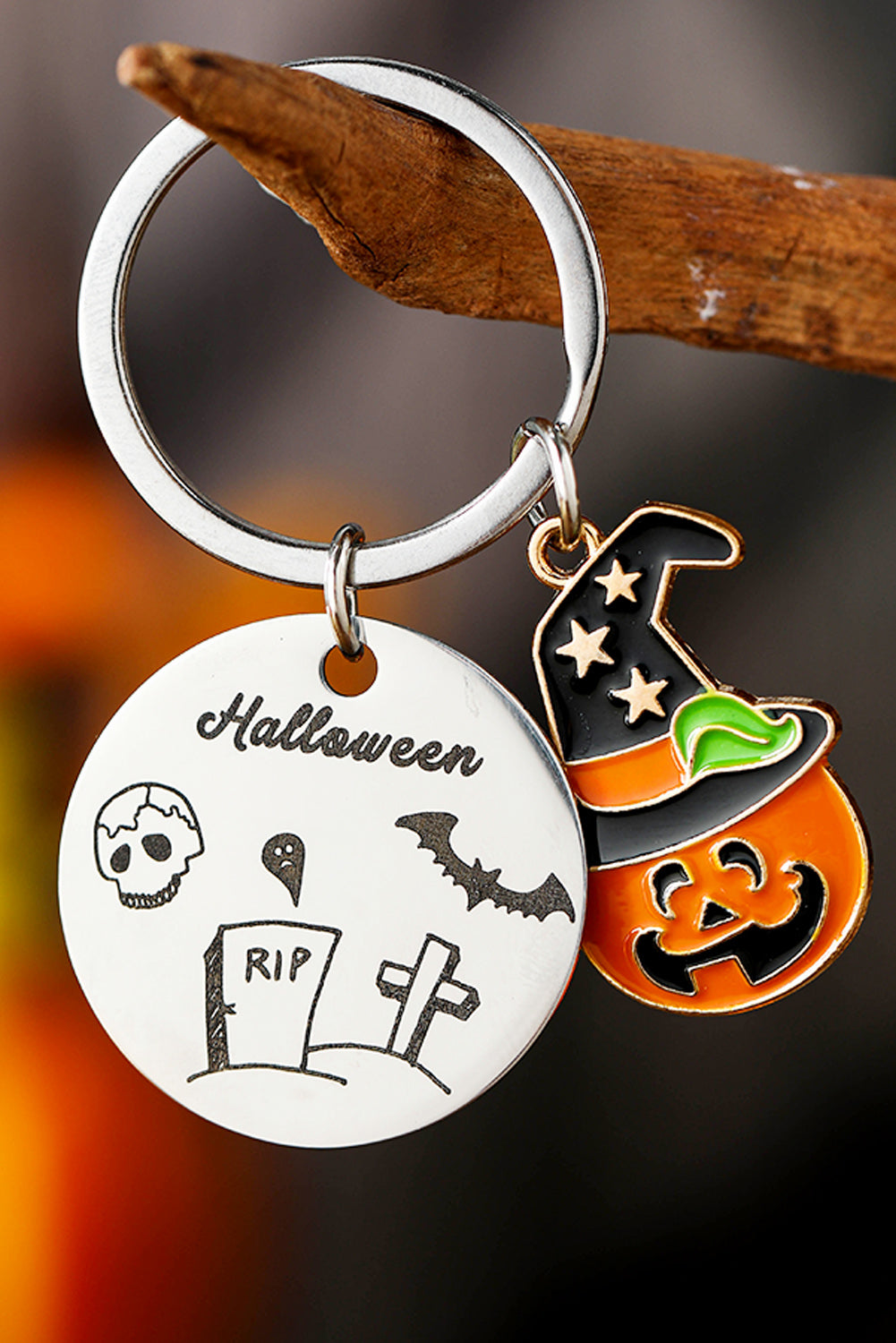 Orange Halloween Witch Skull Stainless Steel Keychain