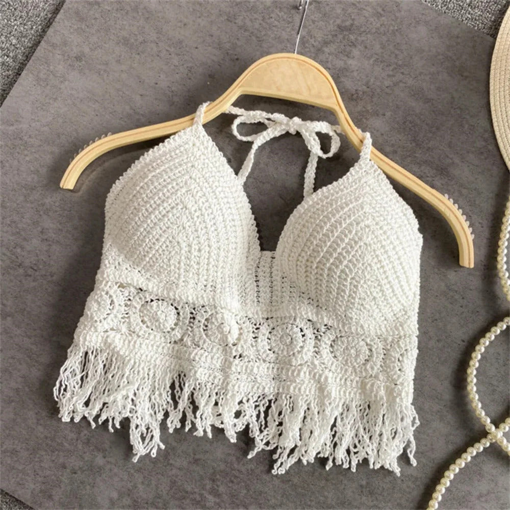 Women's Boho Fringe Backless Halter Tie Neck Underwear Outerwear with Neck Hanging Embroidery Tassel Suspender Vest Short Tank