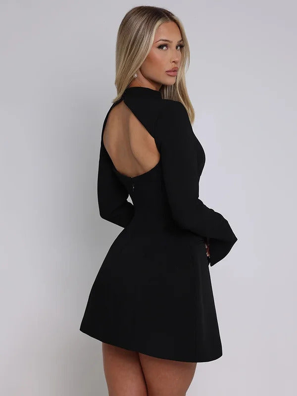 Women Long Sleeve Backless Sexy Mini Dress Elegant Autumn Winter O Neck High Waist Slim Fit Gown Fashion Lady Club Party Dresses