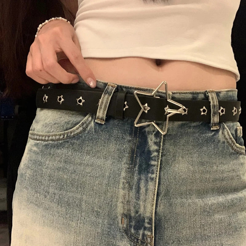 Y2K Punk Star Eyelet Black Rivet Belt Goth Pu Leather Belts For Women Jeans Pants Boys And Girls Students Belt