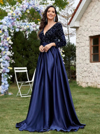 Lucyinlove Luxury Long Sleeve V-Neck Satin Formal Evening Dress 2024 Elegant Wedding Party Sequins Women Prom Cocktail Dresses