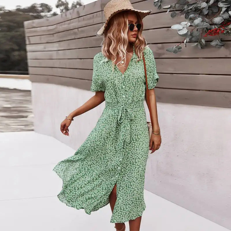 Summer Women Floral Print Dress Casual Short Sleeve Button Holiday Midi Dresses Female V-Neck Beach Boho Chic Dress Elegant Robe