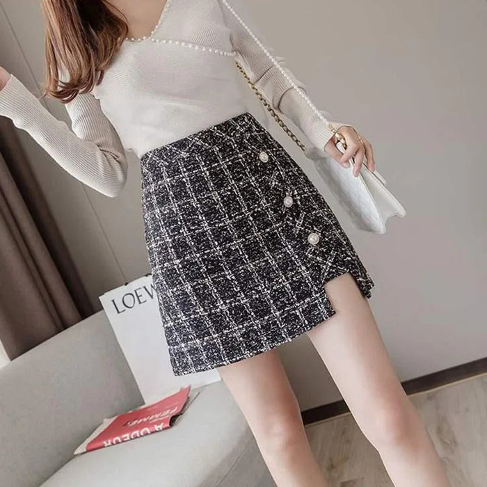 Lucyever Vintage Plaid Tweed Skirt Women Korean High Waist Office Mini Skirts Ladies Fall Winter Thicken Zip A-line Wool Skirt