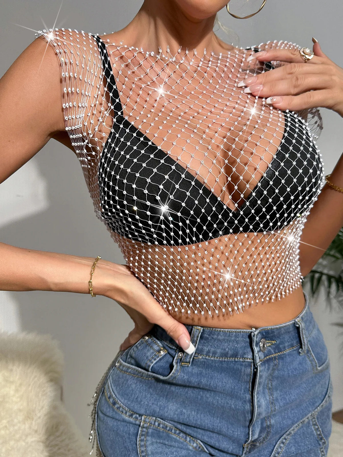 Women Sexy Rhinestone Crop Top Summer Beach vacation Party Club Mesh High Elastic V-neck  TShirt See Through Diamond Tank Top